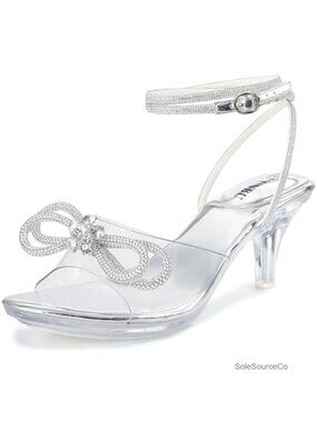 Rhinestone Bowknot Strappy Clear Heels Ankle Strap Platform Stiletto Sandals